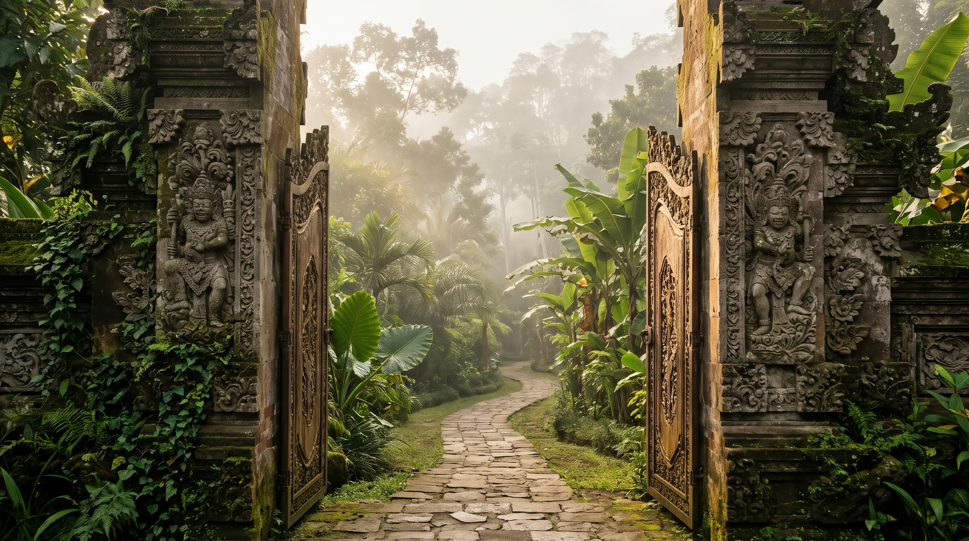 Un portale balinese in pietra scolpita che si apre su un sentiero nella giungla nebbiosa
