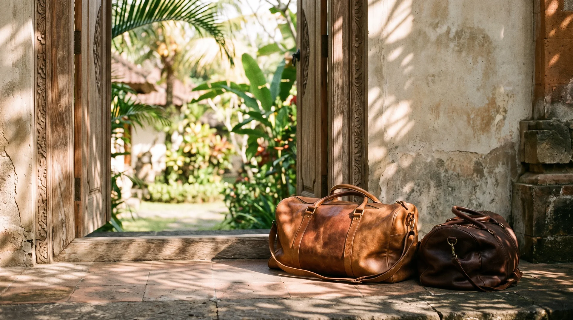 Due borse da viaggio in pelle accanto a una porta aperta su un giardino tropicale