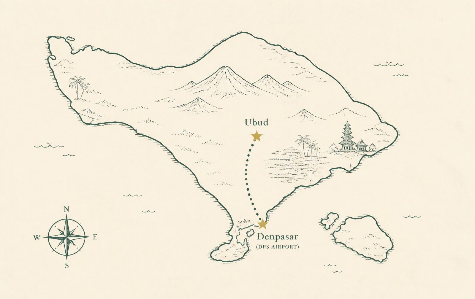 Mappa del percorso da Denpasar (DPS) fino a Ubud, nel centro di Bali