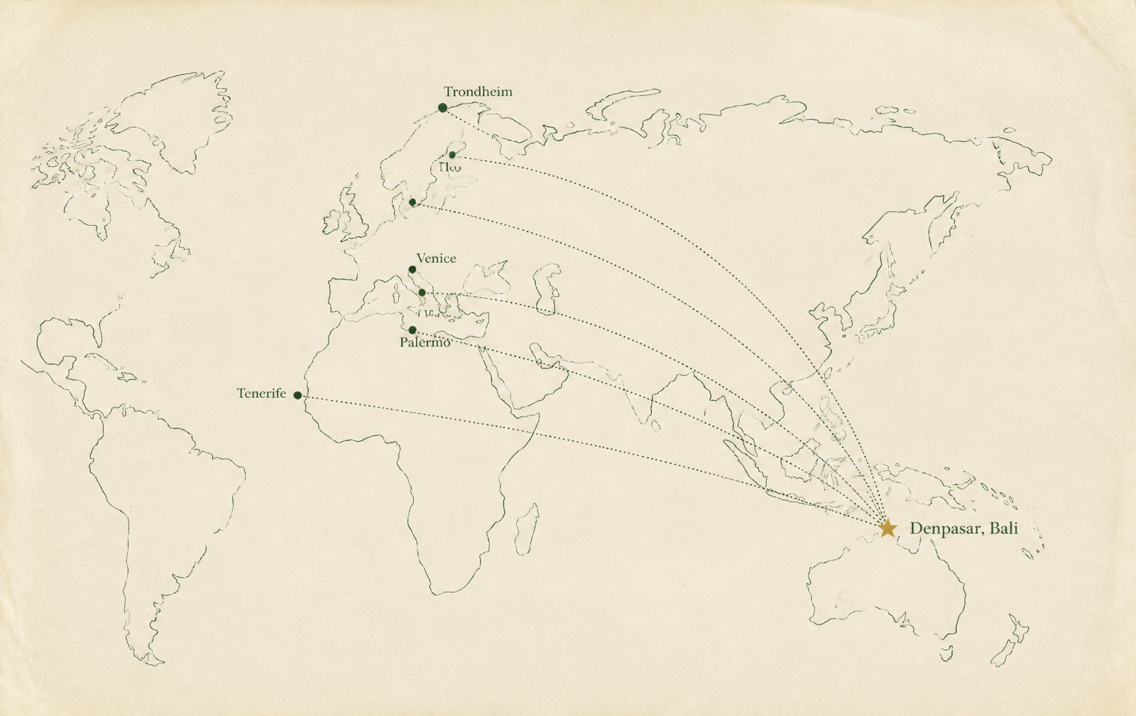 Mappa delle rotte da Norvegia, Italia e Tenerife verso Denpasar, Bali