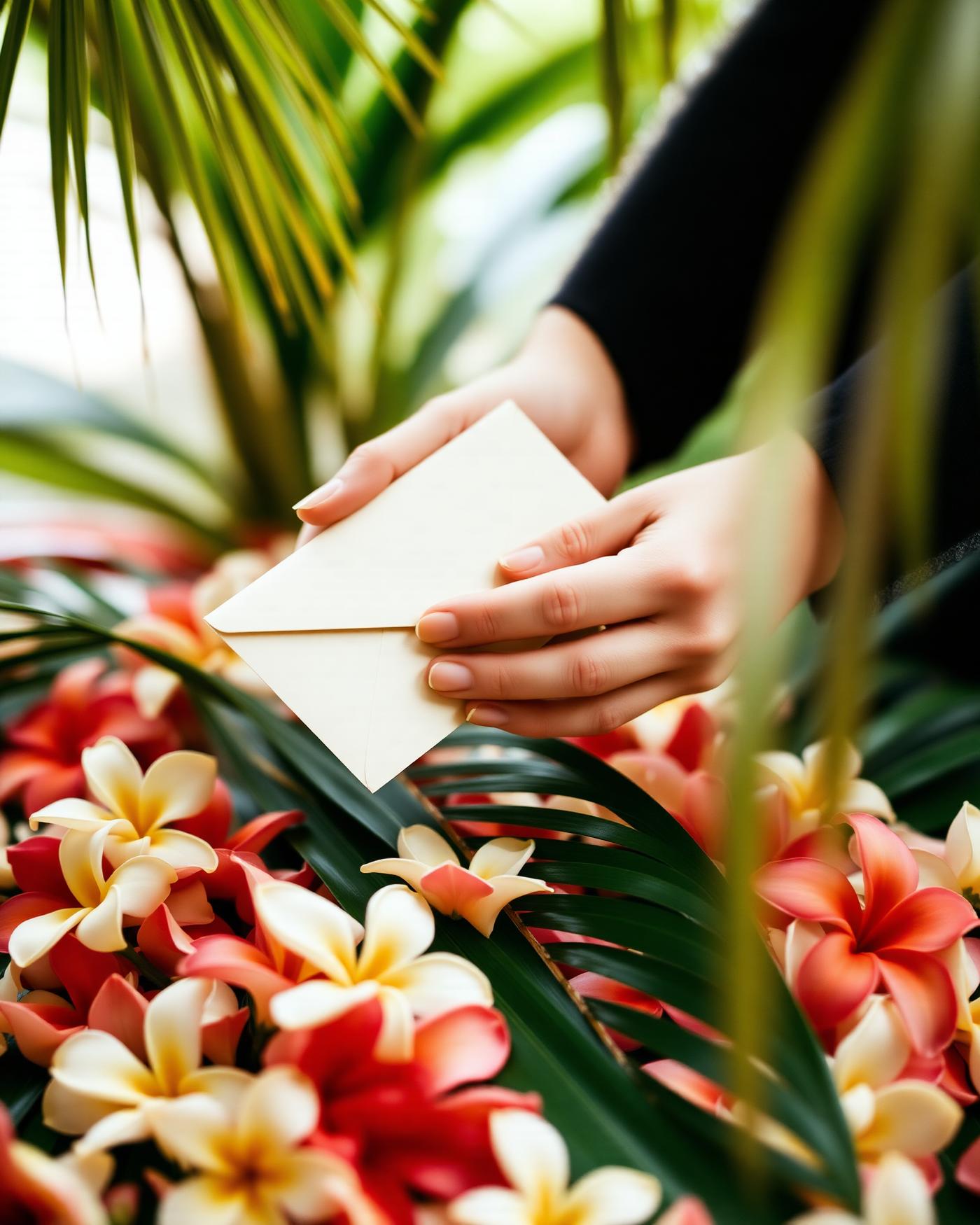 A couple opening an envelope at a wooden table